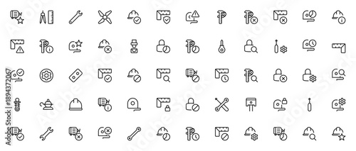 Mechanical and engineering icon set. Vector symbols for tools, safety, measurement, repair, and more including wrench, gear, turbine, lock, and search. Editable stroke.