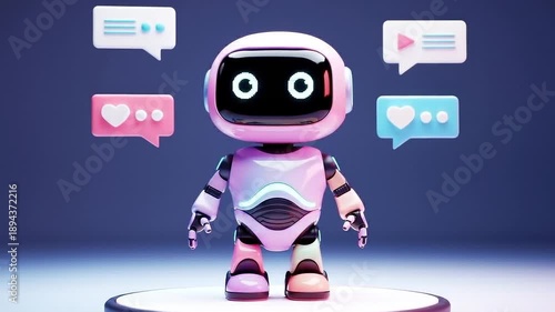 A futuristic robot with chat bubbles, a concept for AI communication, data analysis