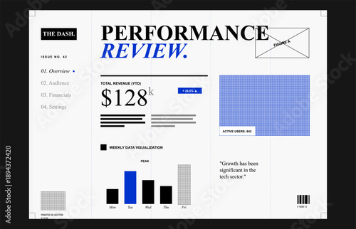 Performance review dashboard UI with revenue metrics, weekly data visualization and business insights, modern editorial-style analytics interface for corporate reporting and strategic analysis