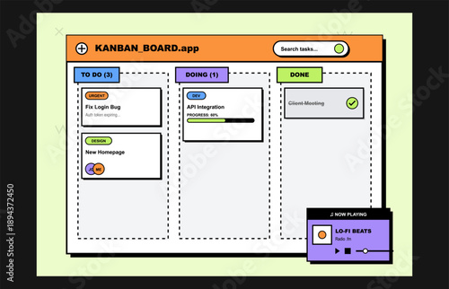 Kanban board app UI with to do, doing and done columns, modern flat design project management interface, productivity workflow dashboard for task tracking and team organization