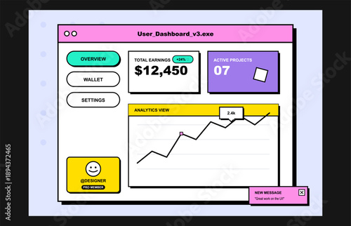 User dashboard UI with earnings analytics, active projects and performance chart, modern flat design interface for freelance platform, productivity app and digital business management