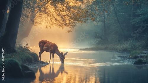 A deer drinks at a misty stream in a golden sunrise forest