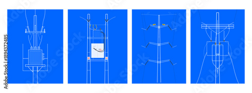 Electric Power Transmission Line Illustration – Minimalist Vector Art of Utility Poles and High Voltage Towers with Clean Blue Background, Modern Flat Design Industrial Artwork