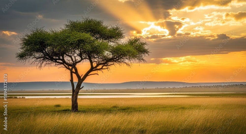 Fototapeta premium Solitary tree in golden grassland under dramatic skies