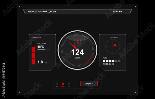 Sport car digital dashboard UI with speedometer, turbo pressure and performance metrics, futuristic vehicle interface design, modern automotive HUD concept with dark high-tech display