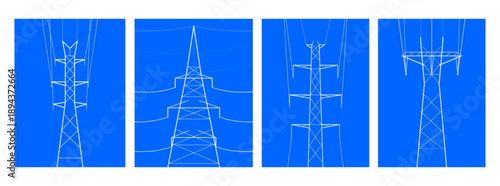 Electric Power Transmission Line Illustration – Minimalist Vector Art of Utility Poles and High Voltage Towers with Clean Blue Background, Modern Flat Design Industrial Artwork