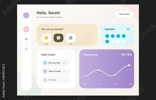 Wellness mobile app dashboard UI design with habit tracker, sleep quality chart and hydration stats, modern health monitoring interface, clean flat design user experience concept