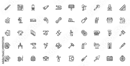 DIY and Crafts icon set. Vector tool collection. Includes cutter, easel, handsaw, paint roller, wrench, clay crafting, ruler, sewing machine, paint brush, hammer and more. Editable stroke.
