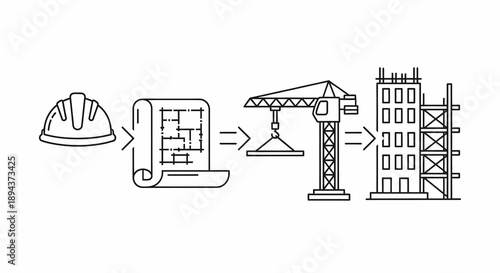 Construction Project Development Stages from Initial Planning with Hard Hat and Blueprint to Building Structure Completion