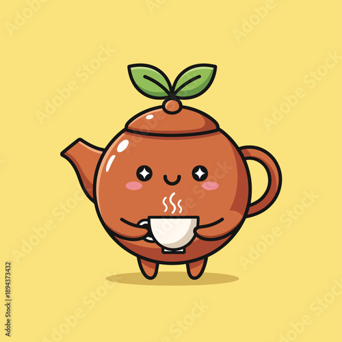 Happy Teapot Character Enjoying Tea
