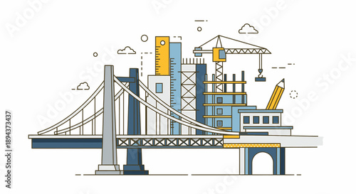 Architectural Engineering Concept Illustration with Urban Development, Featuring a Bridge, Construction Site, Crane, Ruler, and Pencil