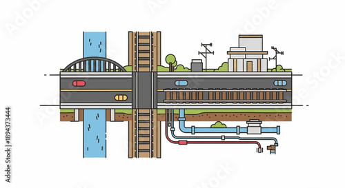 Cross section View Illustrating Urban Infrastructure with Roads, Railway Tracks, a River Bridge, Buildings, and Essential Underground Utility Pipes