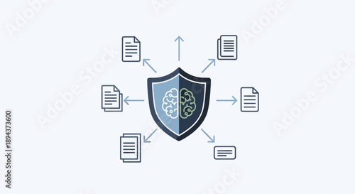 Digital Data Protection and Intelligent Information Processing Concept, Depicted by an Ai Brain Within a Shield and Documents with Flow Arrows