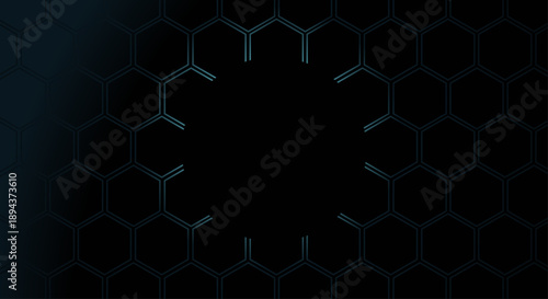 dark background with a glowing blue hexagonal grid pattern and a central void
