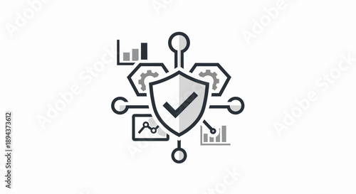 Robust Digital Security and Data Analytics Concept with a Shield, Checkmark, Gears, and Interconnected Graphs Representing Process and Network