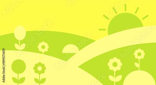 Stylized cartoon landscape with rolling hills, flowers, and a bright sun rising in the background
