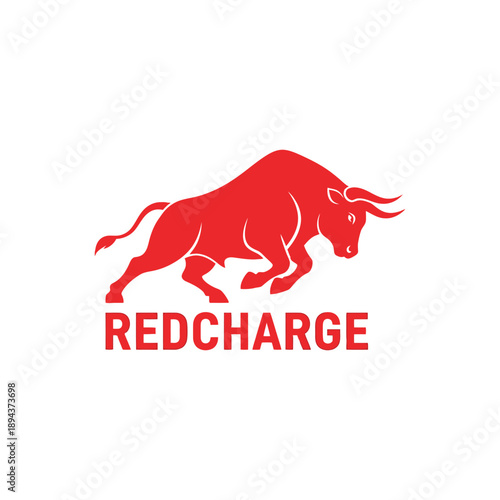 Powerful red charging bull mascot icon for sports team, energy drink branding, and strong financial company logo design isolated REDCHARGE