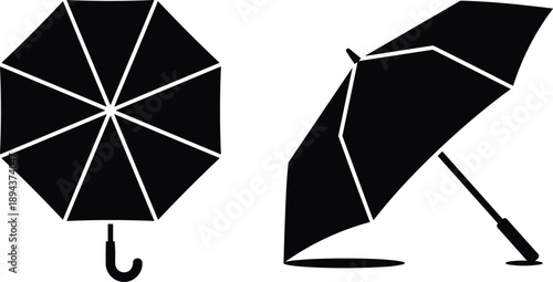 Umbrella silhouette front side view, beach and rain protection design, minimal black icon style, cad drawing flat vector illustration