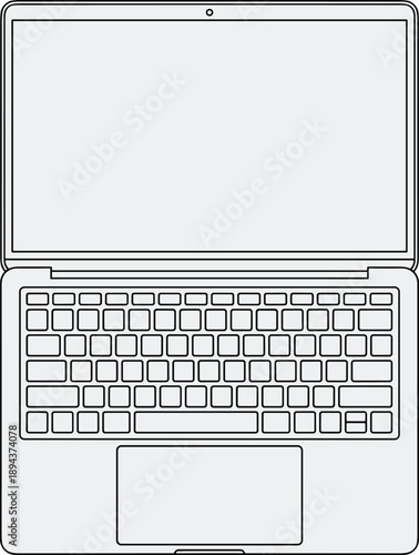 Top view laptop illustration, open screen with keyboard and trackpad, minimal tech device layout, cad drawing flat vector illustration