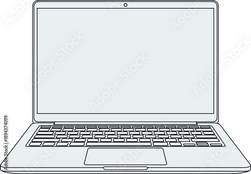 Laptop front side view, open screen keyboard touchpad, minimal tech device, digital workspace icon, cad drawing flat vector illustration