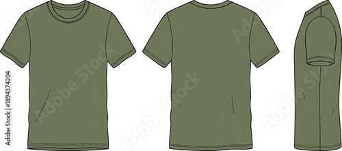 Olive green t-shirt front back side, crew neck short sleeve, classic fit fashion, cad drawing flat vector illustration