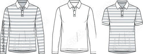 Polo shirt front views, long sleeve striped, short sleeve plain collar, fashion top design, cad drawing flat vector illustration