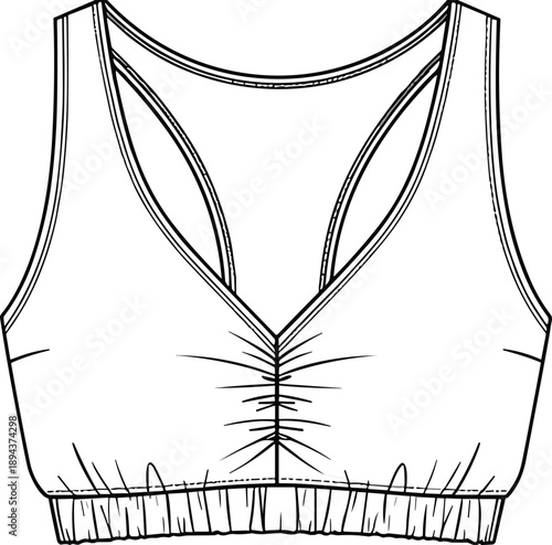 Sports bra front view, scoop neckline, wide strap support, ruched center detail, activewear fashion, cad drawing flat vector illustration