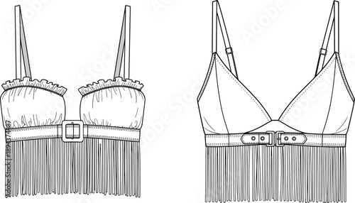 Fringe bralette fashion top, ruffle strap bustier, double buckle waistband, lingerie inspired crop, cad drawing flat vector illustration