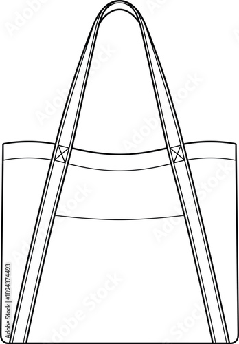 Tote bag sketch, front and back view, shoulder strap design, fashion vector, cad drawing, flat illustration, accessory layout