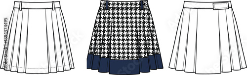 Pleated skirt fashion design, houndstooth panel skirt, waistband detail, belt loop styling, cad drawing flat vector illustration