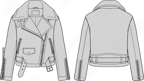 Women's biker jacket, technical fashion sketch, shearling collar, asymmetrical zip, belted waist, zip cuffs, garment design, vector illustration