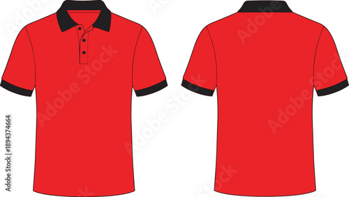 Red polo shirt front and back view, black collar, sleeve cuffs, casual wear, fashion design, vector, apparel, clothing, illustration