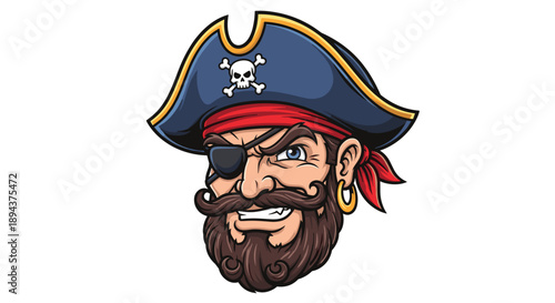 Cartoon Pirate Character with Beard and Eye Patch.
