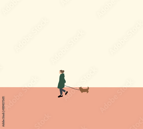 Stylist Woman wearing green cloth walking with dog on city street during good weather in summer. Pet lover concept