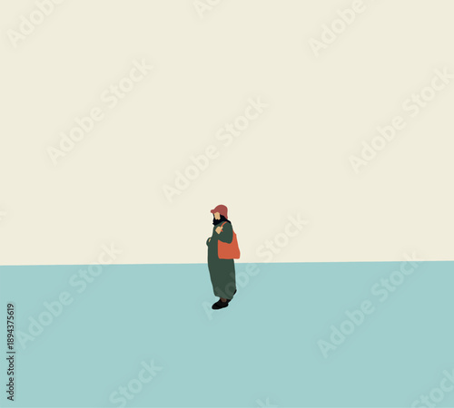 Fashionable Stylist Woman wearing green cloth and holding orange bag on shoulder standing on urban street.