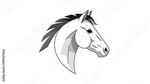 Detailed black and white horse head illustration.