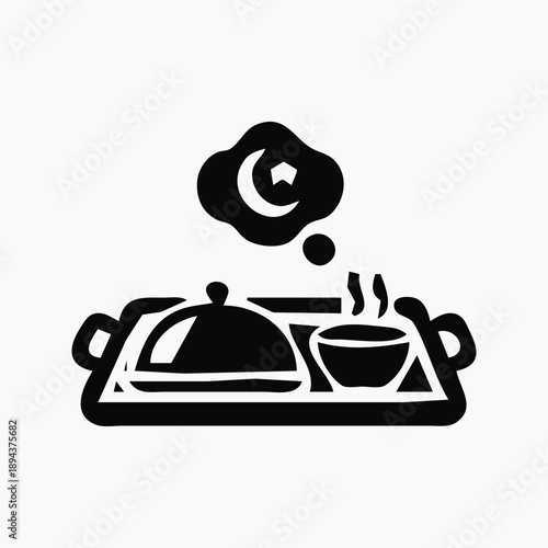 Fasting Meal Icon. Stylized silhouette illustration featuring a tray with covered dishes and a thoughtful crescent moon symbol, ideal for cultural holiday designs