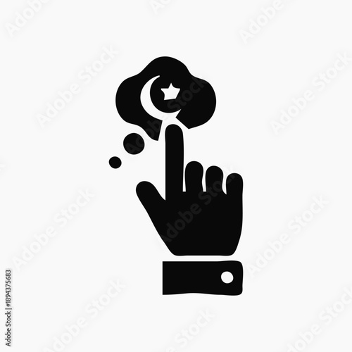 Islamic Icon A Hand Tapping a Cloud with a Crescent Moon and Star Symbol