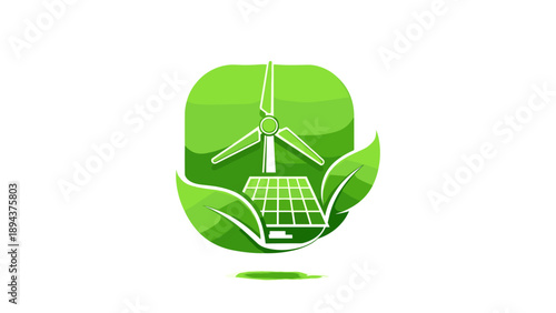 Green Energy Logo with Wind Turbine Solar Panel.