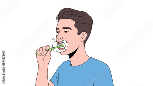Man Brushing Teeth with Toothbrush.