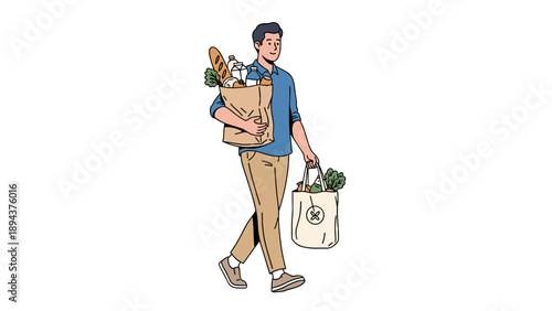 Man Carrying Grocery Bags and Produce.