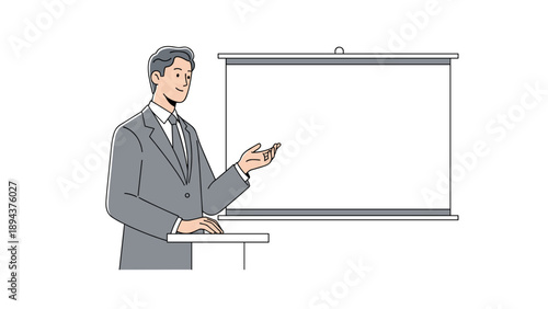 Man in Suit Presenting on Whiteboard.