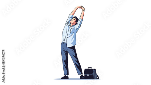 Man Stretching with Luggage Beside Him.