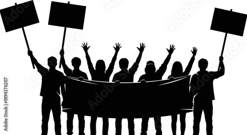 Protesters silhouette crowd holding blank banners and placards, social movement demonstration concept, people power activism illustration isolated on white 