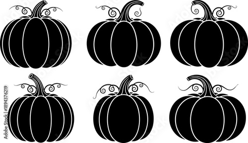 Pumpkin silhouette illustration set featuring decorative gourds, black vector autumn harvest icons perfect for Halloween, fall seasonal design, farmhouse decor, and festive graphics