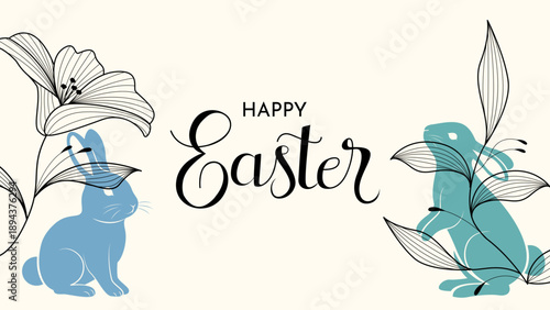 Happy Easter Card With Two Bunny  And Spring Flowers Illustration. Easter Banner Flat Design Vector Illustration 