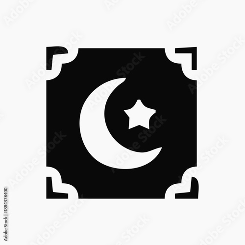 Decorative Islamic Crescent Moon and Star Icon with Ornamental Frame, Symbolizing Spiritual Faith, Cultural Heritage, and Traditional Values for Graphic Design Projects