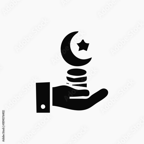 Islamic finance symbol of hand holding coins with crescent moon and star, representing charity and giving