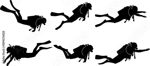 Scuba diver silhouettes set showing underwater swimming and exploration poses, professional diving activity illustration isolated on white background for marine adventure and water sports design