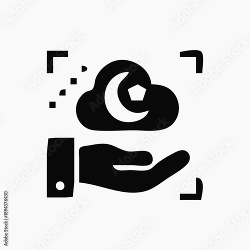 Dreamy night sky with crescent moon and stars protected by an open hand symbol, conceptual illustration